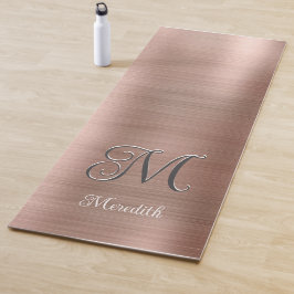Tapis De Yoga Monogramme Personnalisé Chic Rose Écriture Métalli