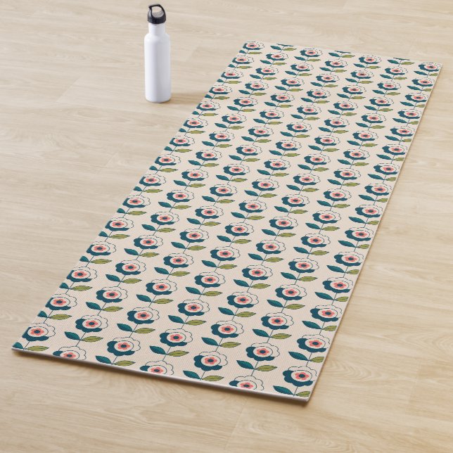 Tapis De Yoga Motif floral de rétro turquoise (En situation)