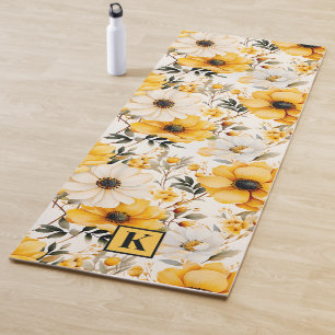 Tapis De Yoga Motif floral jaune Monogramme
