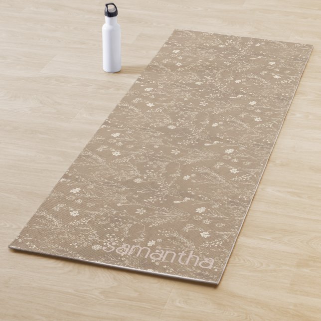 Tapis De Yoga Motif floral marron botanique moderne (En situation)