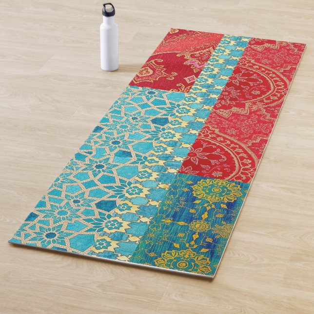 Tapis De Yoga MOTIF ORIENTAL Rouge Turquoise - Yoga Mat (En situation)