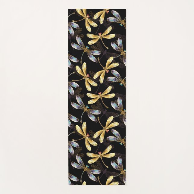 Tapis De Yoga Motif sans couture avec libellules d'or (Devant)