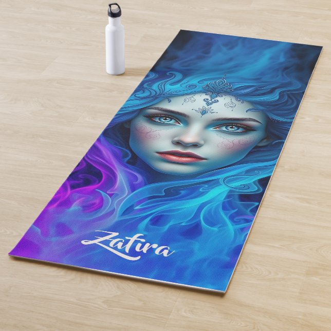 Tapis De Yoga Mystery Woman Emerging from Blue & Purple Flames (En situation)