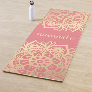 Tapis De Yoga Namaste Coral Pink et Gold Mandala Flowers