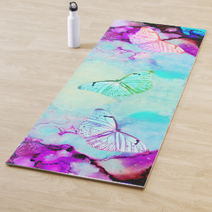 Tapis De Yoga Neon Ink Turquoise Magenta Pastel Papillons