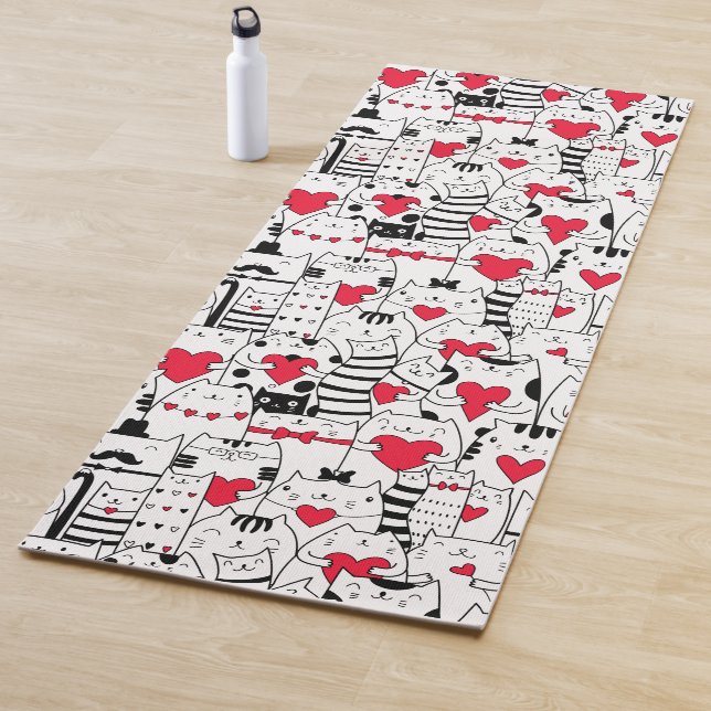 Tapis De Yoga Noir Blanc Cute Chat Coeur Rouge (En situation)