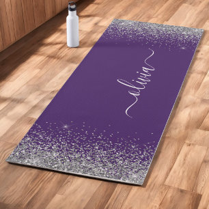 Tapis De Yoga Nom de monogramme girly paillettes argent violet