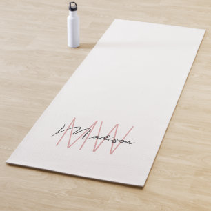 Tapis De Yoga Nom Monogramme moderne Script Rose blanc