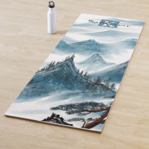 Tapis De Yoga Nom personnalisé Blue White Mountain View