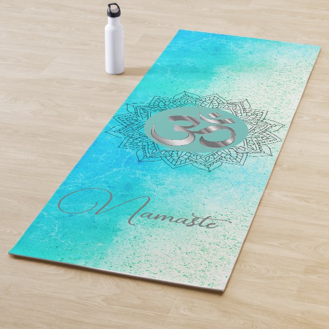 Tapis De Yoga OM Namaste Lotus Mandala sur Speckled Turquoise (En situation)