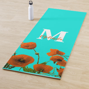 Tapis De Yoga Orange Fleurs de pavot Floral Monogrammes Initiale