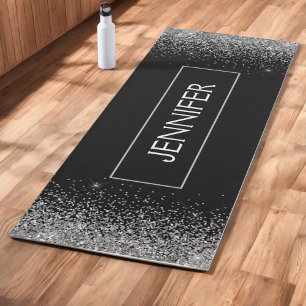 Tapis De Yoga Paillettes Noir Argent Monogramme Nom