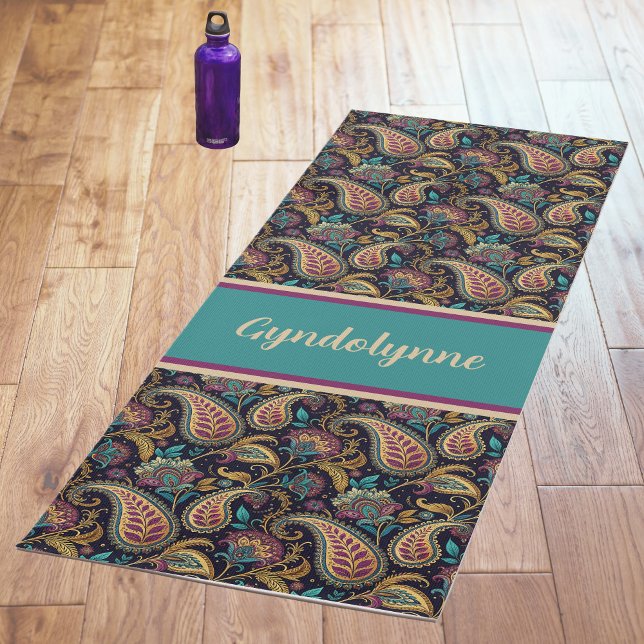 Tapis De Yoga Paisley Vintage Look Black Teal Purple Monogram (Créateur téléchargé)