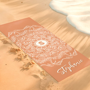 Tapis De Yoga Palmier Coquillage Mandala Monogramme Corail Plage