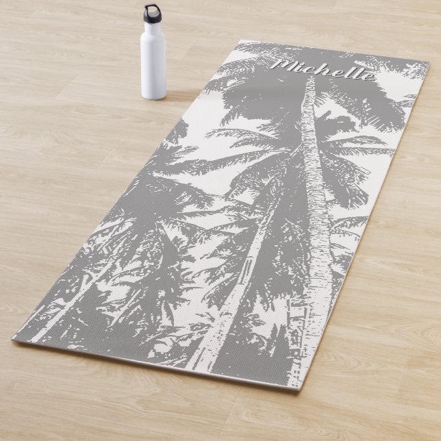 Tapis De Yoga Palmiers dans un design posterisé gris (En situation)