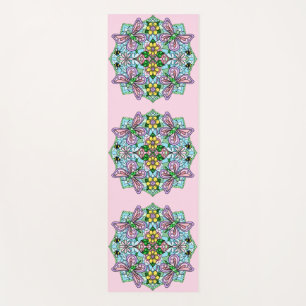 Tapis De Yoga Papillon rose et bleu floral Mandala