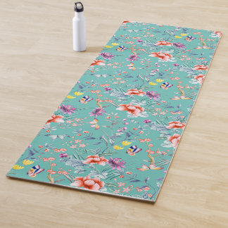 Tapis De Yoga papillons chinois, fleurs turquoises,
