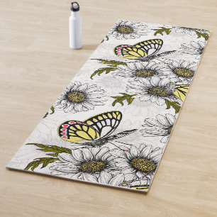 Tapis De Yoga Papillons Jézabel et fleurs marguerites sur blanc