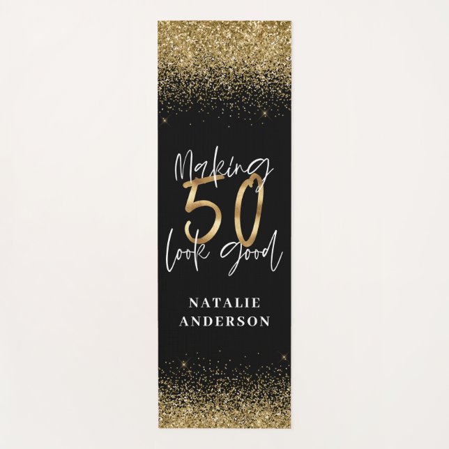 Tapis De Yoga parties scintillant moderne 50e anniversaire noir  (Devant)
