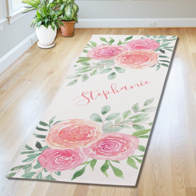 Tapis De Yoga Pastel Floral Aquarelle Nom Monogram (Créateur téléchargé)