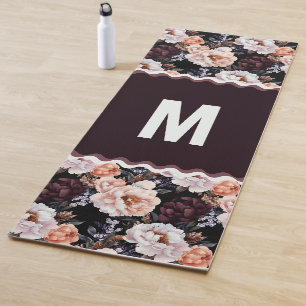 Tapis De Yoga Peonies sombres Motif floral Monogramme
