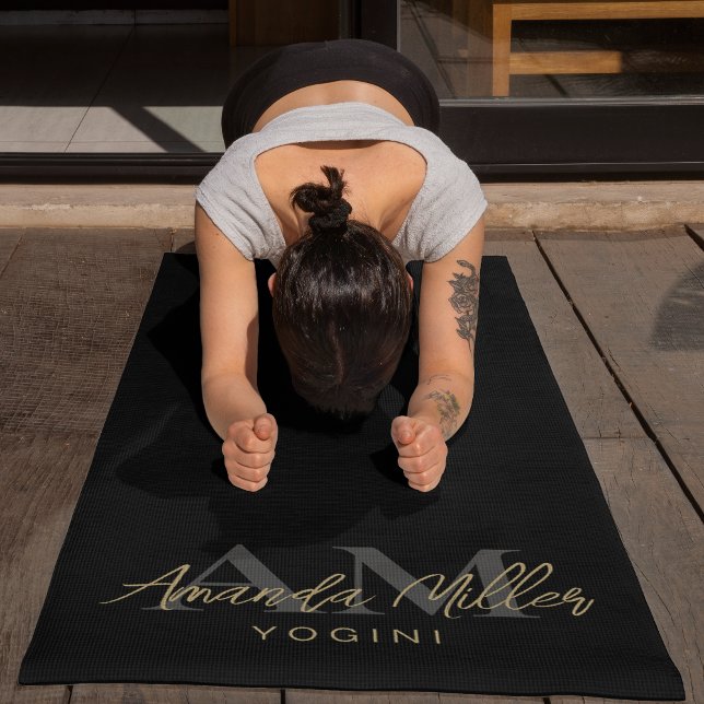 Tapis De Yoga Personnalisé Avec Le Nom Black Gold Moderne Monogr (Créateur téléchargé)
