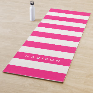 Tapis De Yoga Personnaliser avec le nom Chic rose et blanc bande