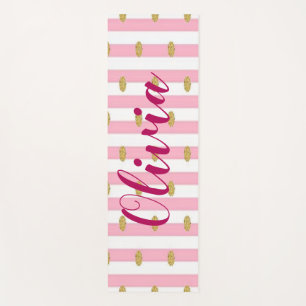 Tapis De Yoga Pink Stripes & Gold Polkadot Personnalisé