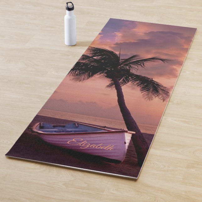 Tapis De Yoga Plage tropicale, Sable, Palmier, Bateau, Coucher d (En situation)