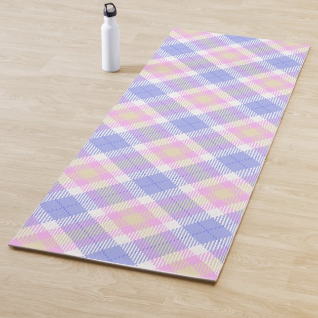 Tapis De Yoga Plaid bleu rose jaune (En situation)