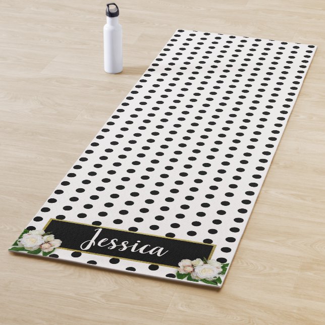 Tapis De Yoga Pois et pivoines - Plaque Noir/Or (En situation)