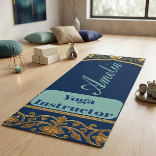 Tapis De Yoga Professeur de Yoga Bleu Marine Turquoise Fleurs O