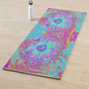Tapis De Yoga Psychédélique rétro arc-en-ciel bleu Hibiscus