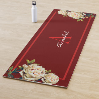Tapis De Yoga Rose blanche monogrammée rouge foncé