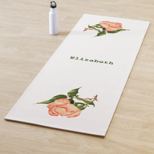 Tapis De Yoga Rose rose et pêche aquarelle botanique