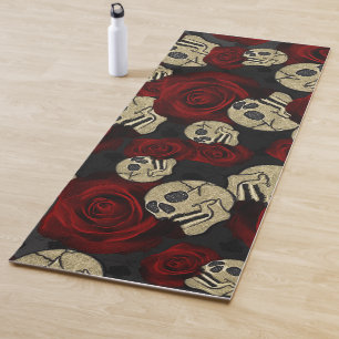 Tapis De Yoga Roses Rouges & Crânes Floral Noir Gothique