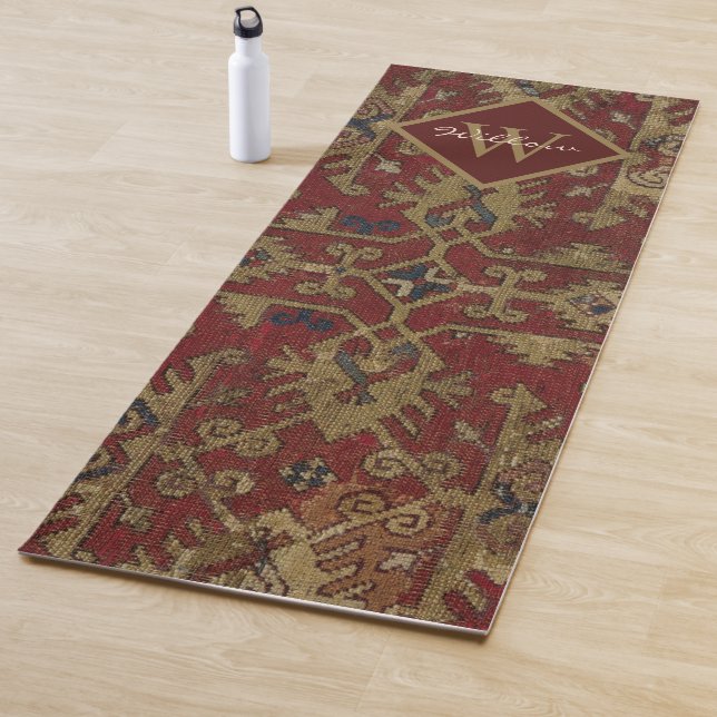 Tapis De Yoga Rustique Monogramme Oriental Perse Motif rouge (En situation)