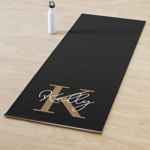 Tapis De Yoga Script de monogramme d'or noir moderne