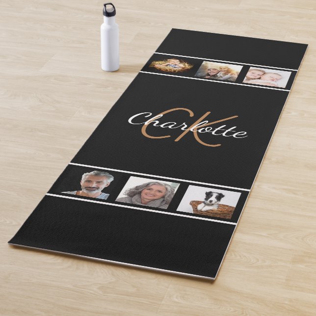 Tapis De Yoga Script monogramme noir collage photo personnalisé (En situation)