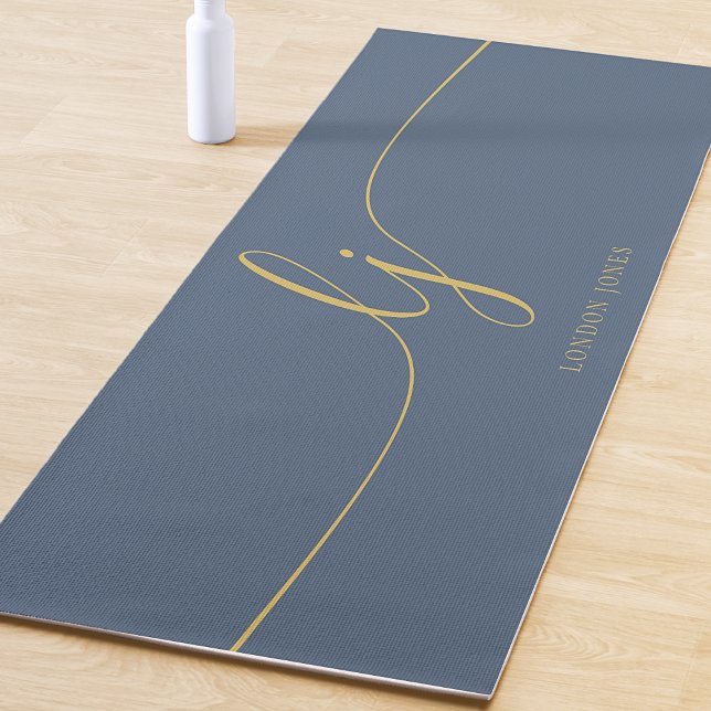 Tapis De Yoga Signature Nom Simple Calligraphie Marine Blue Gold (Créateur téléchargé)