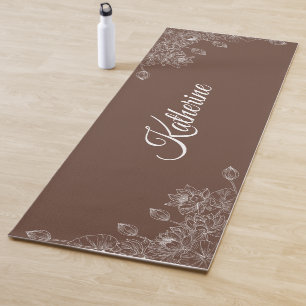 Tapis De Yoga Simple Moderne Écriture Florale Nom Marron Lotus