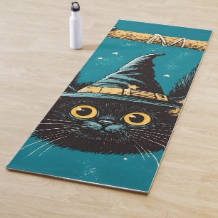Tapis De Yoga Sorcière éffrayante de chat noir volant