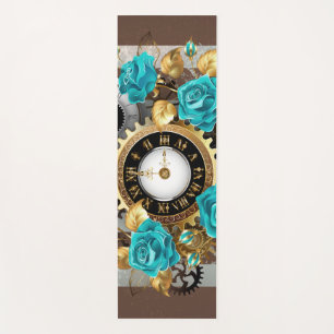 Tapis De Yoga Steampunk Clock and Turquoise Roses on Striped