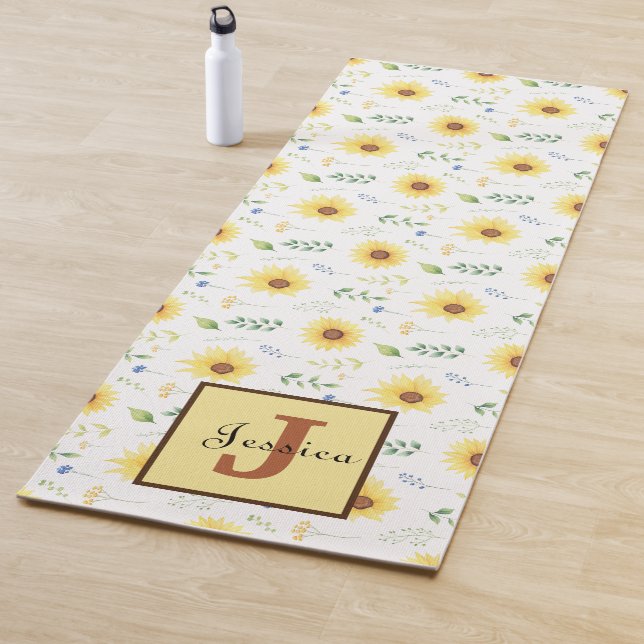 Tapis De Yoga Superbe tournesol jaune Floral Monogramme personna (En situation)
