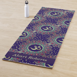 Tapis De Yoga Symbole Om personnalisé Gold Bleu Rouge Mandala