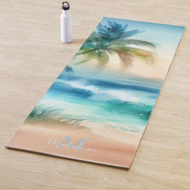 Tapis De Yoga Tropical Beach Sand Waves Palm Nom Monogramme (En situation)