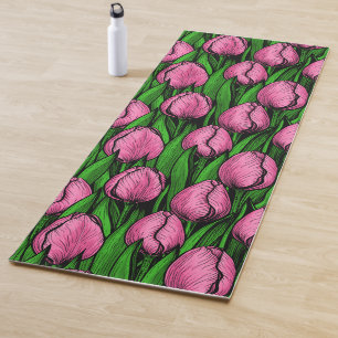 Tapis De Yoga Tulières roses avec feuilles verts
