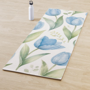 Tapis De Yoga Tulipes Bleues Peinture Florale Aquarelle Botaniqu
