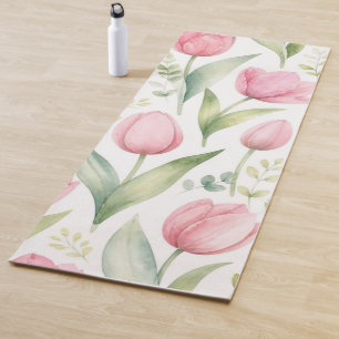 Tapis De Yoga Tulipes roses Peinture florale aquarelle botanique