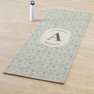 Tapis De Yoga Vert Sauge Personnalisé Monogramme Élégant Art Déc